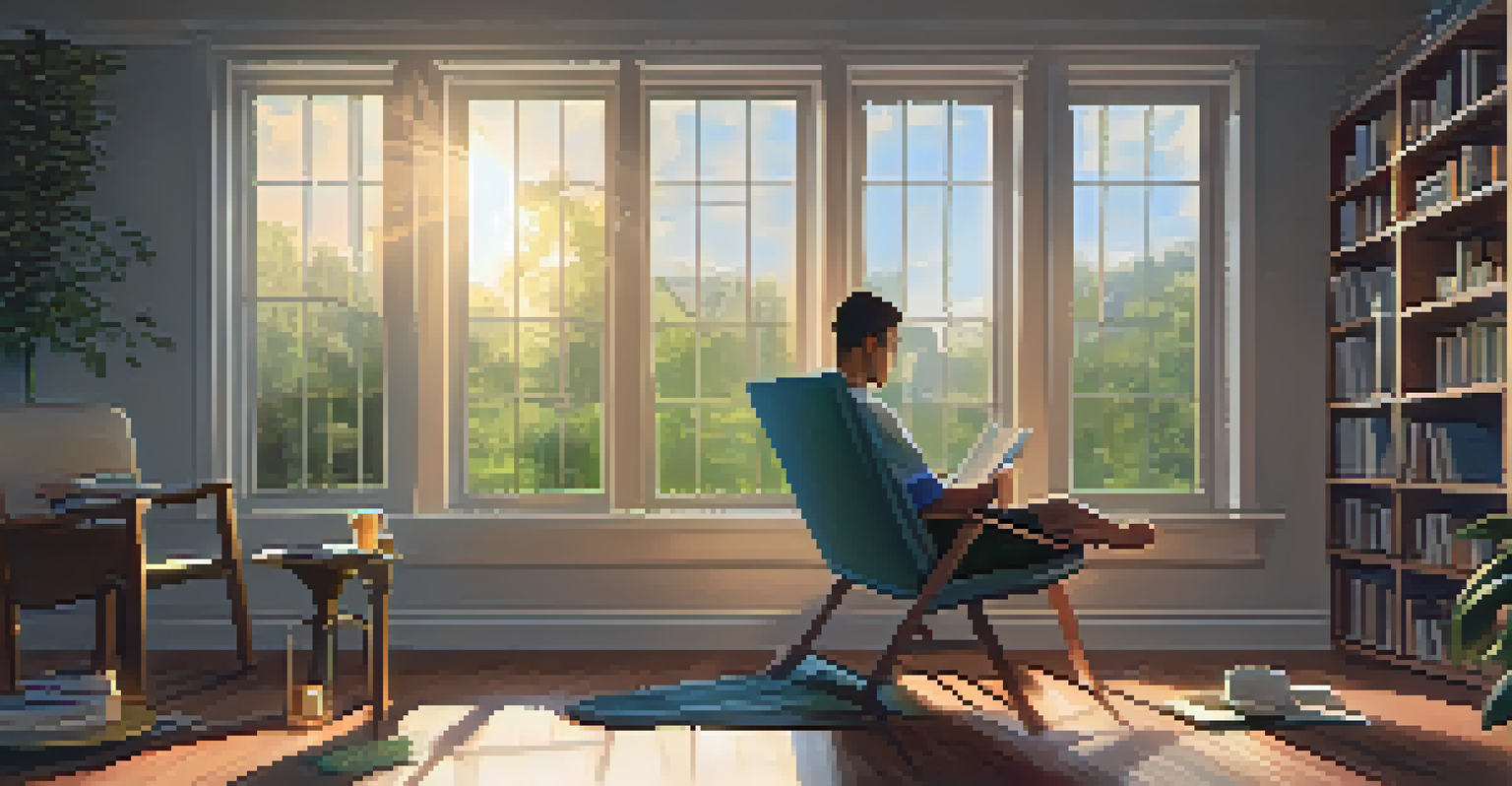 A person relaxing in a cozy room after a workout, surrounded by music notes and soft lighting.