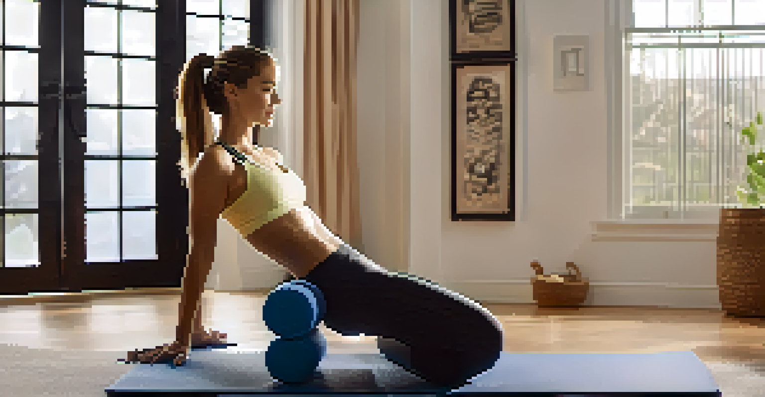 A person foam rolling their quads in a tranquil home gym, with a yoga mat and water bottle in the background.