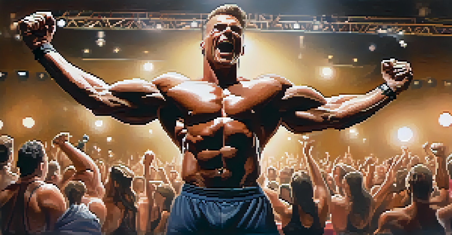 A bodybuilder flexing on stage with an engaged audience in the background.