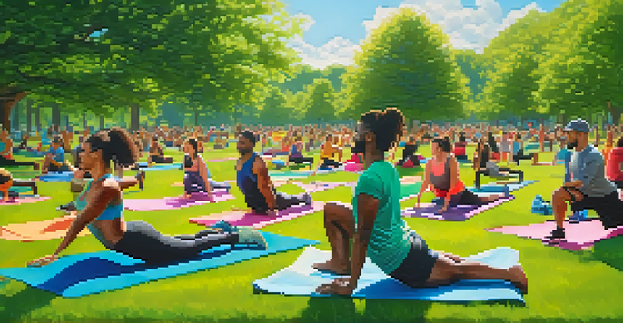 A diverse group of fitness enthusiasts participating in a lively outdoor workout session in a park, surrounded by greenery and under a clear blue sky.