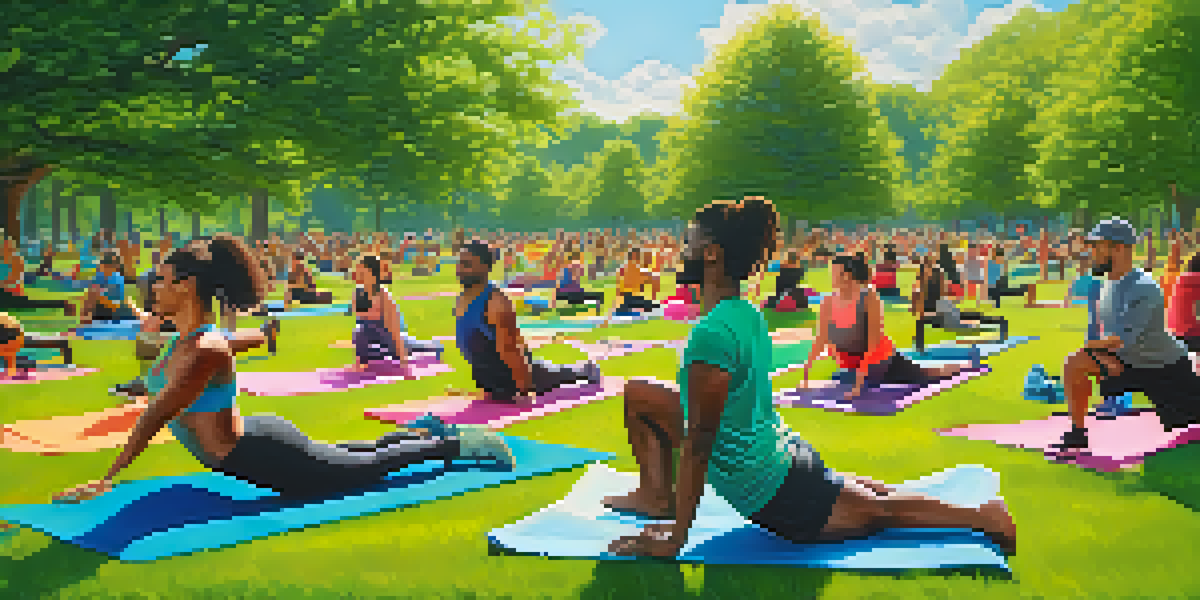 A diverse group of fitness enthusiasts participating in a lively outdoor workout session in a park, surrounded by greenery and under a clear blue sky.