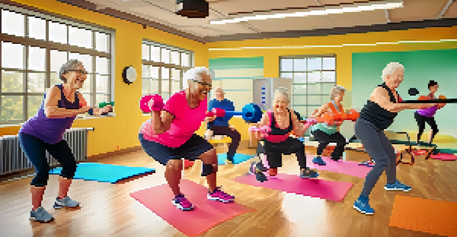 Seniors in a group strength training class, following an instructor in a vibrant community center.