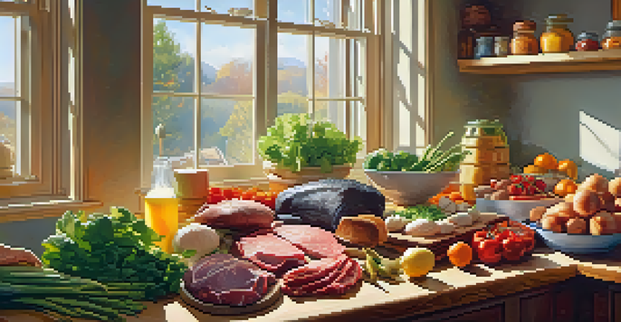 A kitchen filled with colorful and healthy ingredients like lean meats, vegetables, and whole grains, illuminated by warm sunlight.