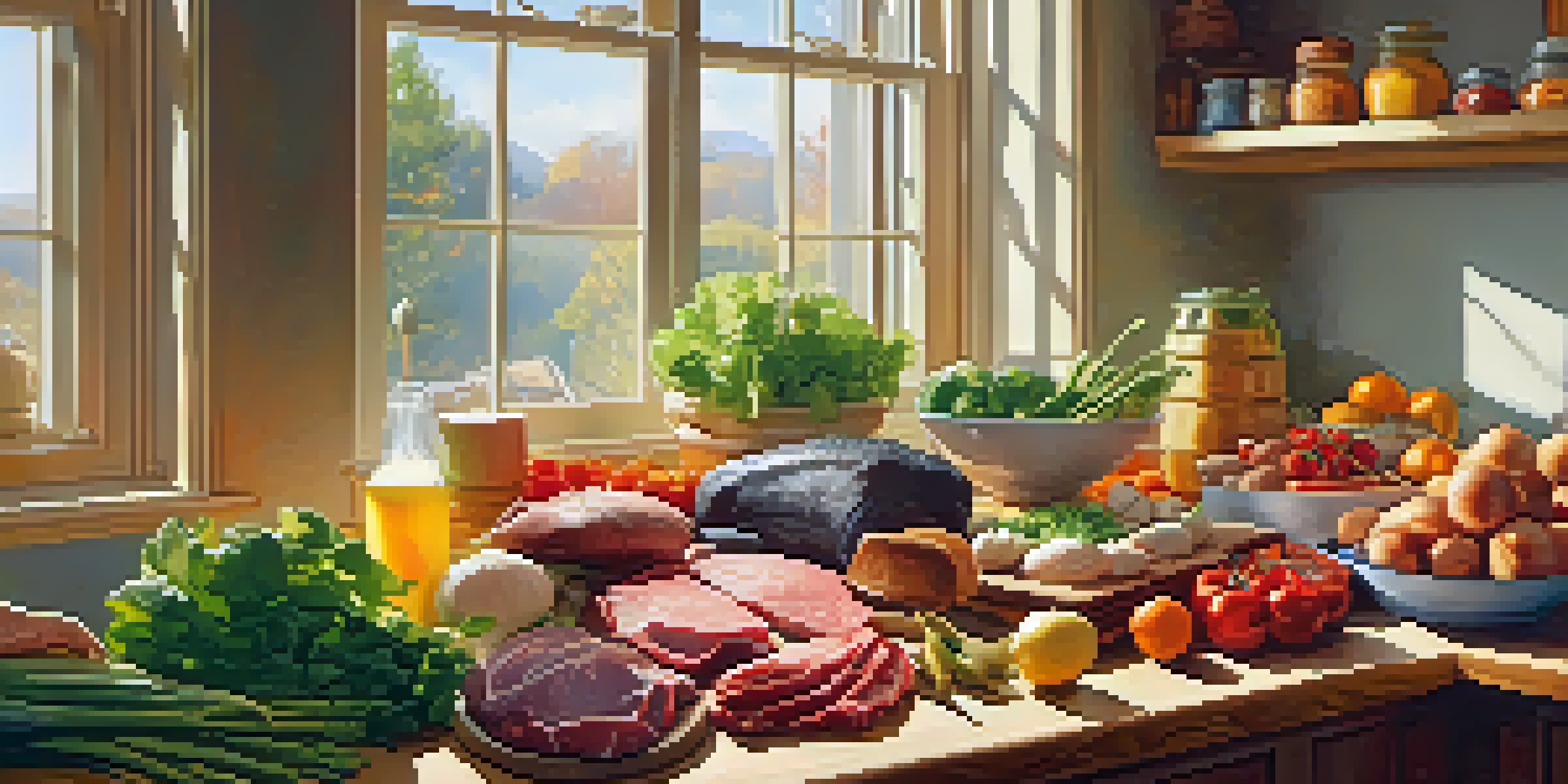A kitchen filled with colorful and healthy ingredients like lean meats, vegetables, and whole grains, illuminated by warm sunlight.