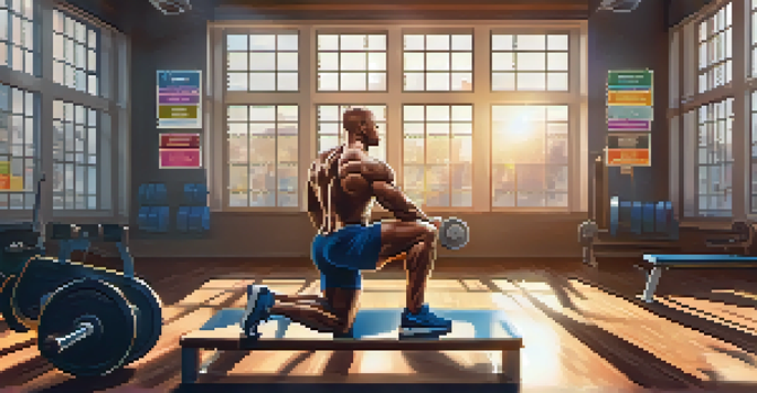 A bodybuilder practicing mental imagery in a gym, eyes closed, surrounded by weights, with sunlight streaming in.
