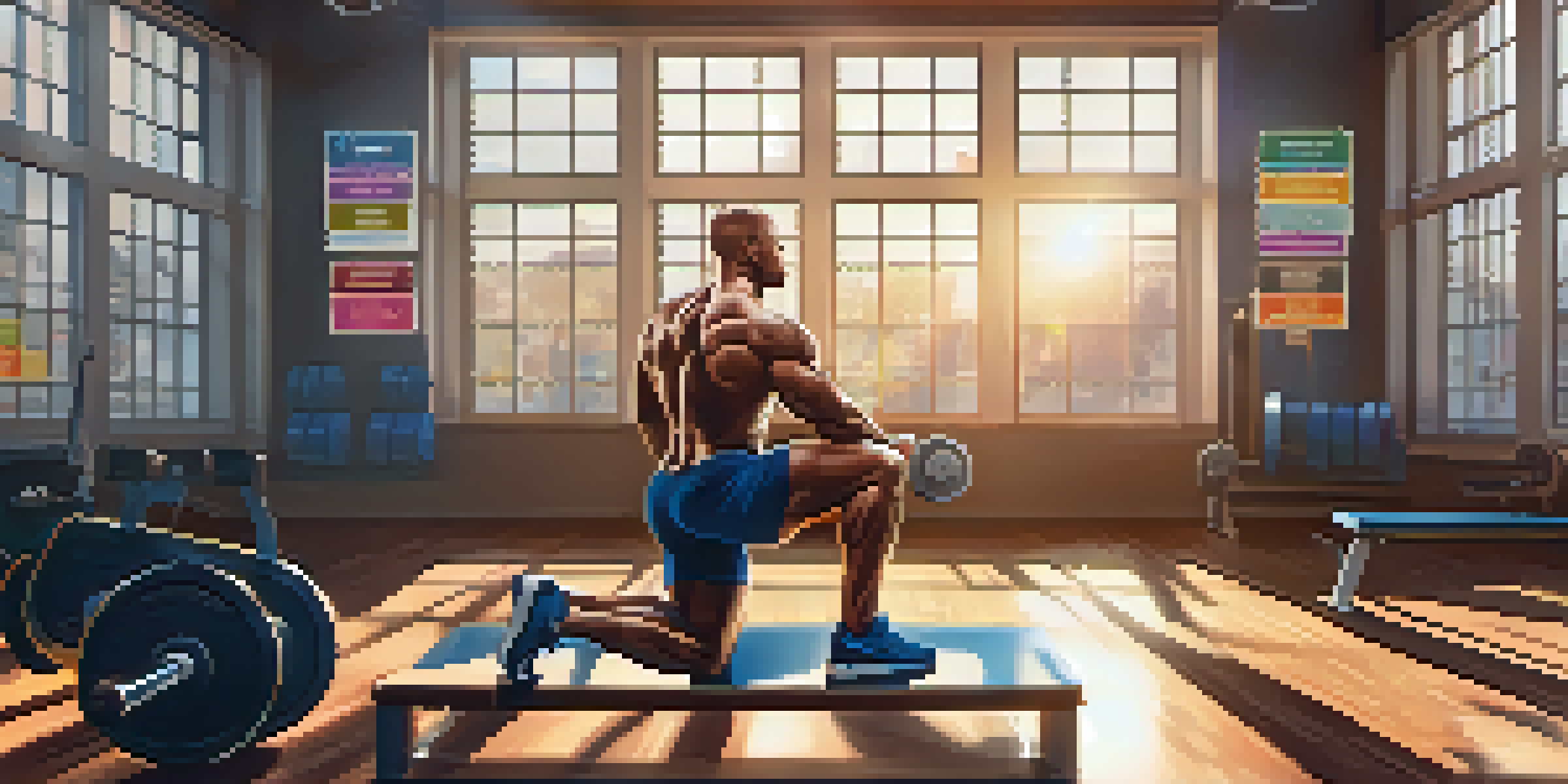 A bodybuilder practicing mental imagery in a gym, eyes closed, surrounded by weights, with sunlight streaming in.