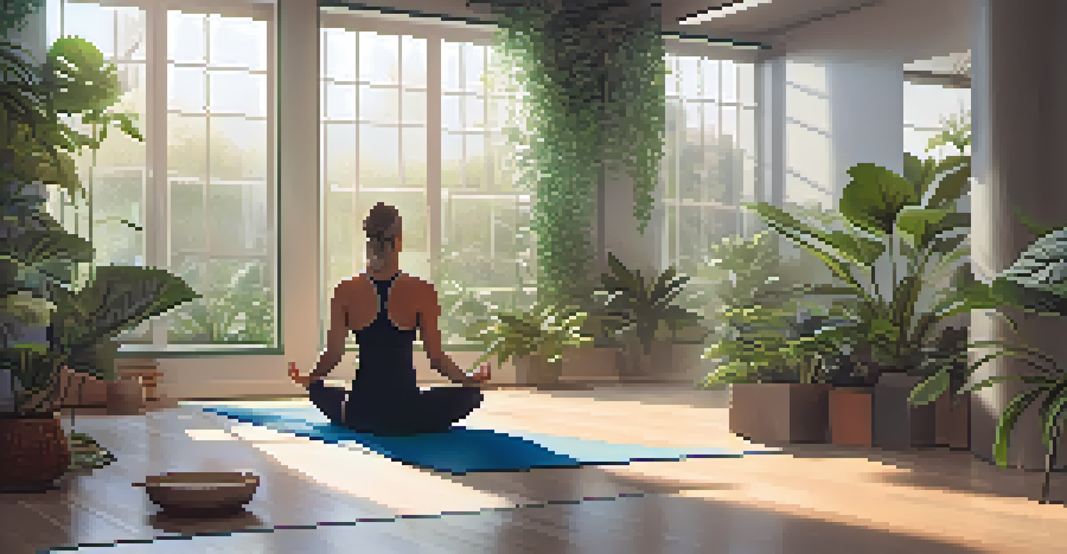 A tranquil indoor gym with calming plants and soft lighting, where a bodybuilder practices yoga poses, creating a mindful workout environment.