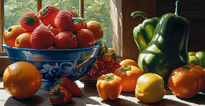A colorful assortment of fresh fruits and vegetables including oranges, strawberries, and bell peppers, arranged on a wooden table with sunlight casting gentle shadows.
