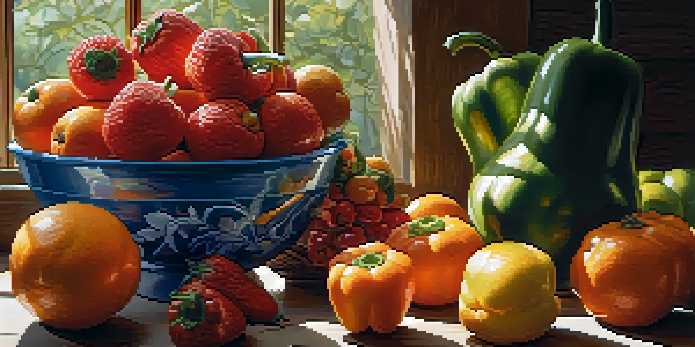 A colorful assortment of fresh fruits and vegetables including oranges, strawberries, and bell peppers, arranged on a wooden table with sunlight casting gentle shadows.