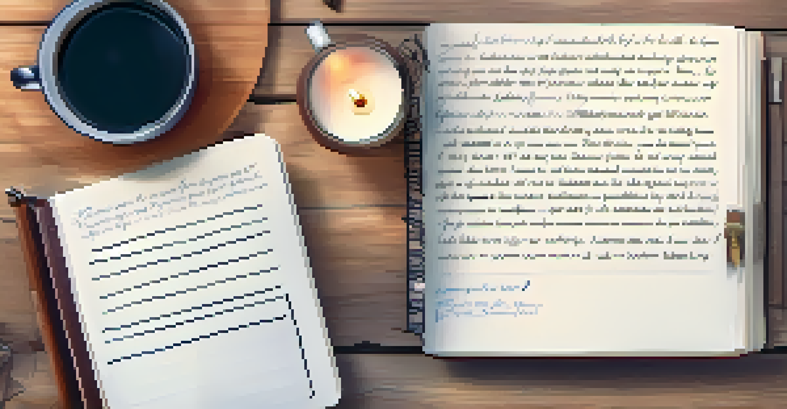 A close-up of an open journal with positive affirmations and goals, alongside a cup of tea on a wooden table.