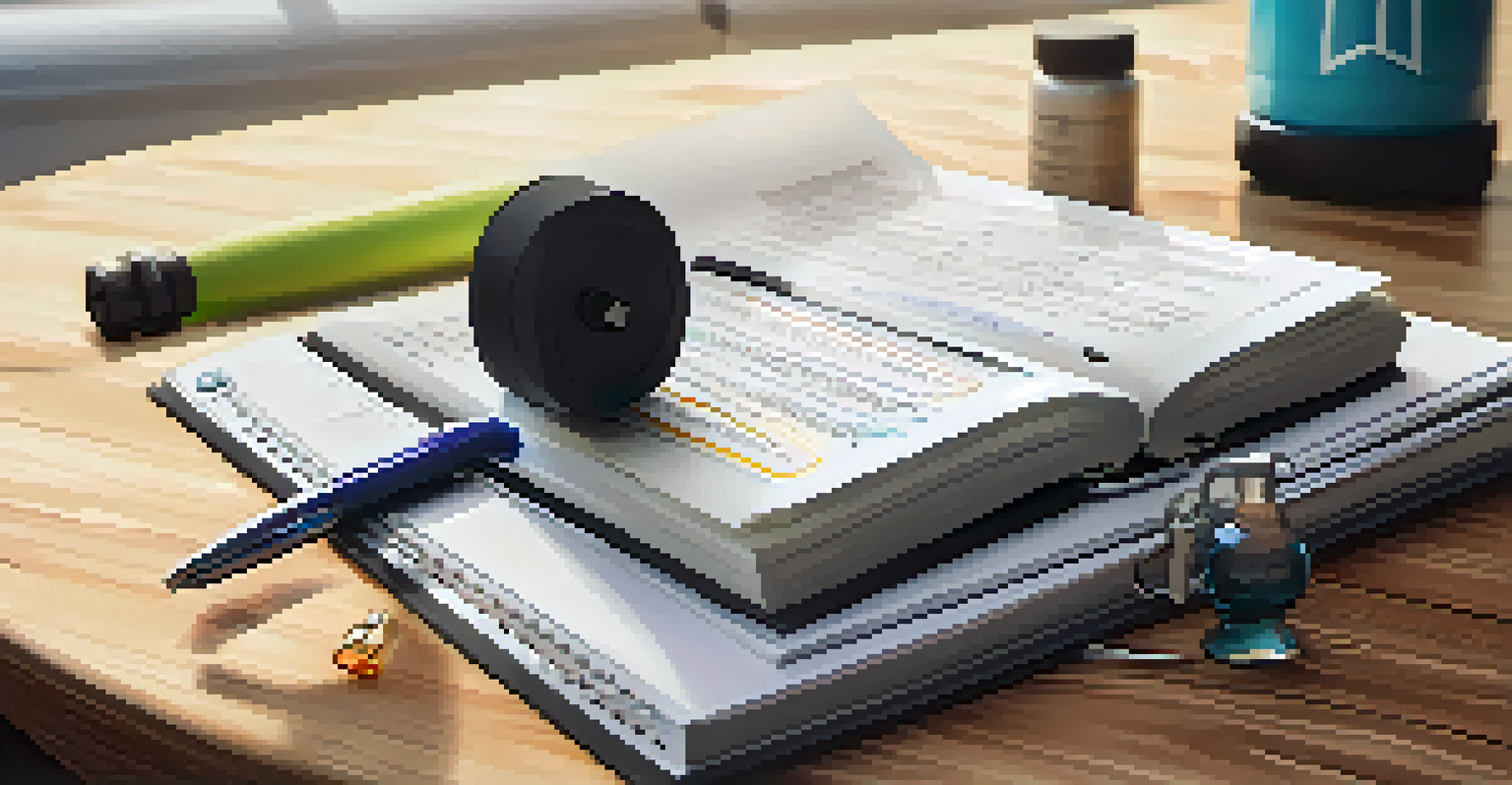 A close-up of a fitness journal filled with notes, with a pen and a blurred dumbbell in the background.
