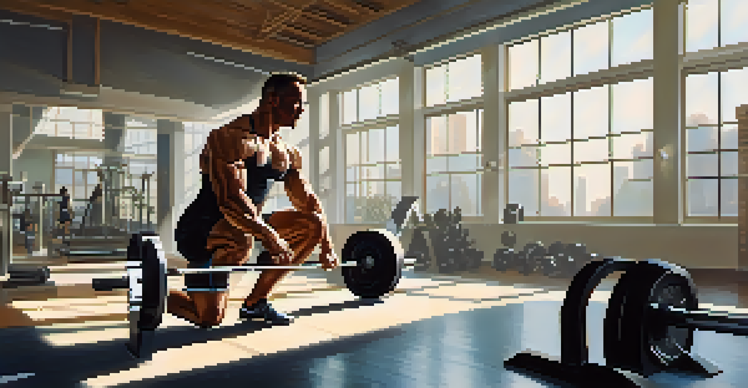 A bodybuilder lifting weights in a bright gym, with sunlight streaming through the windows.