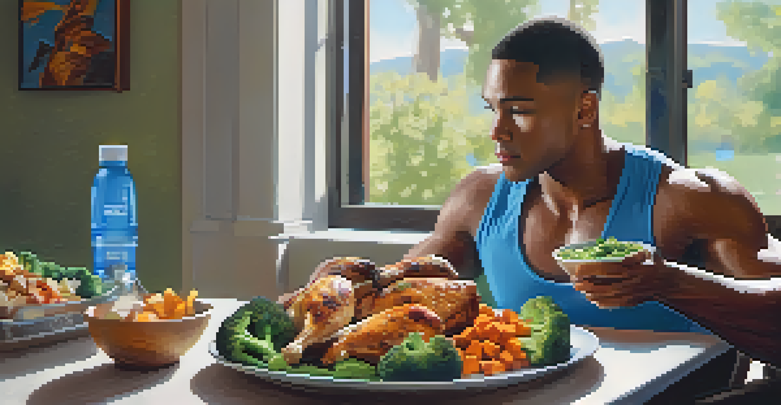 An athlete seated at a table with a post-workout meal of grilled chicken, sweet potatoes, and broccoli.