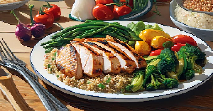 A close-up view of a protein-rich meal with grilled chicken, quinoa, and colorful steamed vegetables on a wooden table, illuminated by warm lighting.