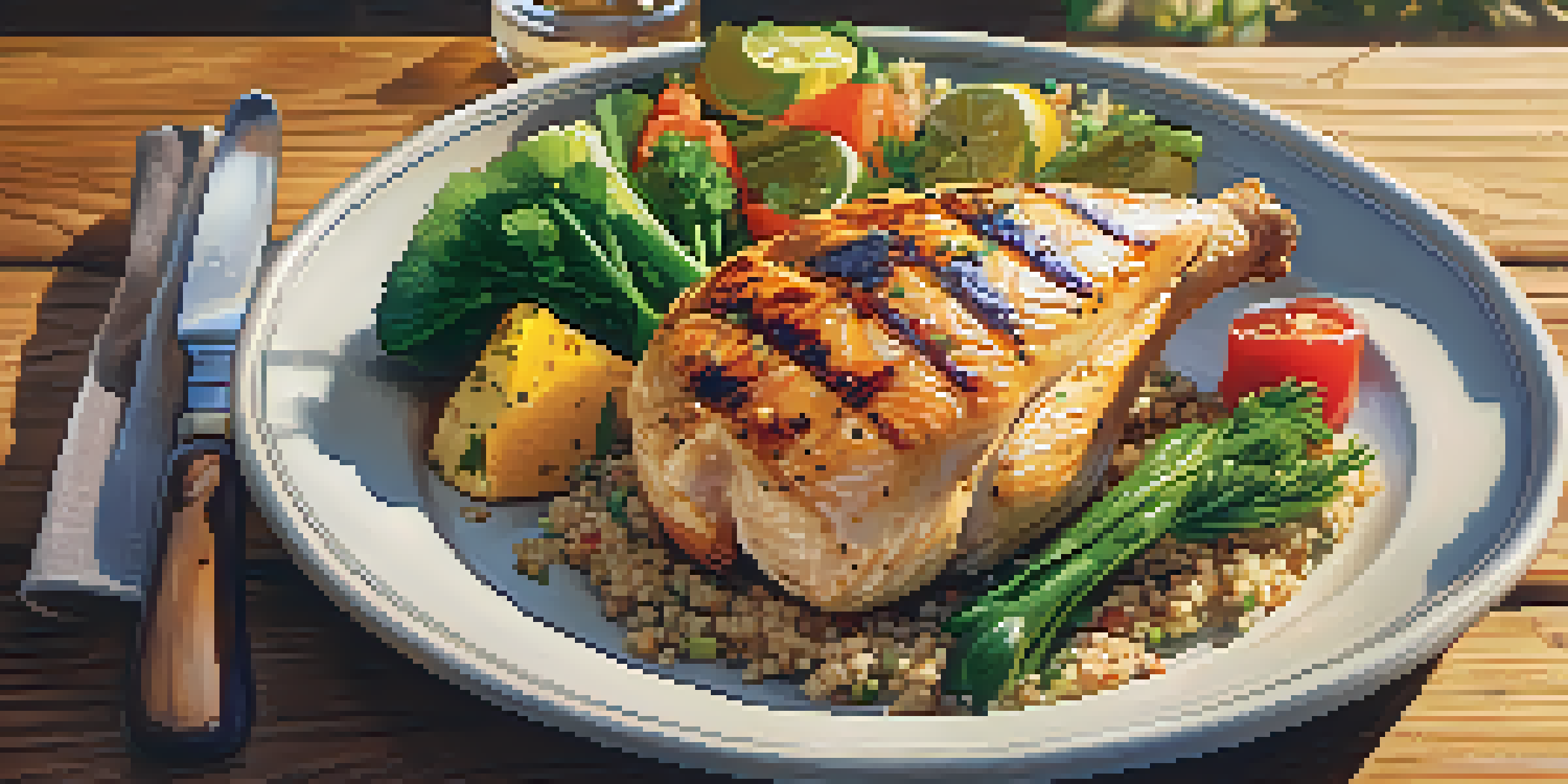 A colorful, nutritious meal with grilled chicken, vegetables, and quinoa on a wooden table, illuminated by sunlight.