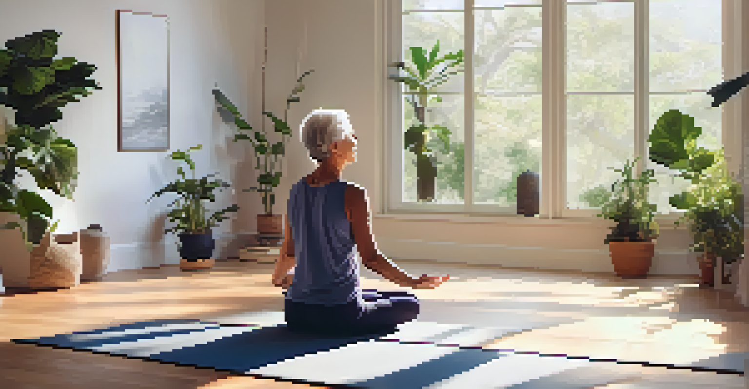 An older adult practicing yoga at home in a peaceful setting.