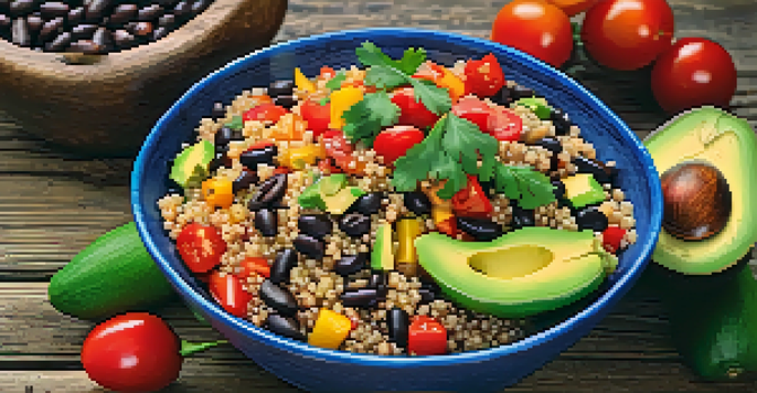 A colorful vegan meal with quinoa, black beans, avocado, and fresh vegetables on a wooden table, illuminated by warm lighting.