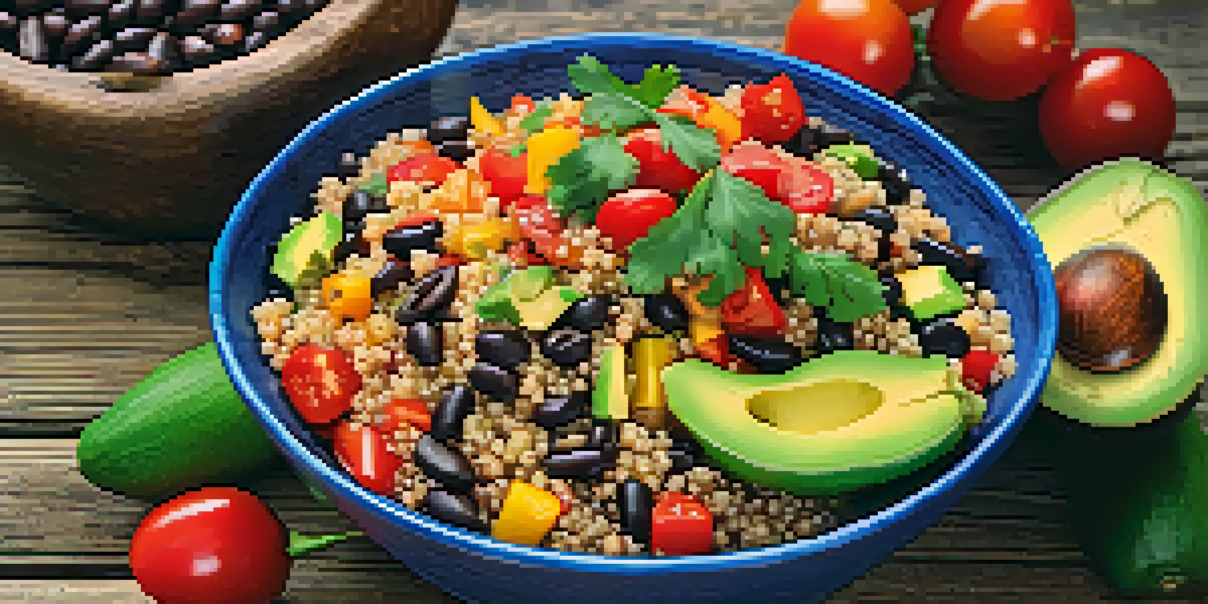 A colorful vegan meal with quinoa, black beans, avocado, and fresh vegetables on a wooden table, illuminated by warm lighting.