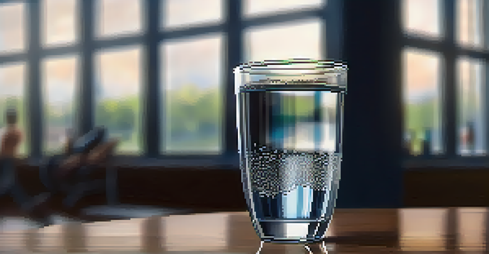 A glass of water on a wooden table with gym equipment in the blurred background, emphasizing hydration for bodybuilding.