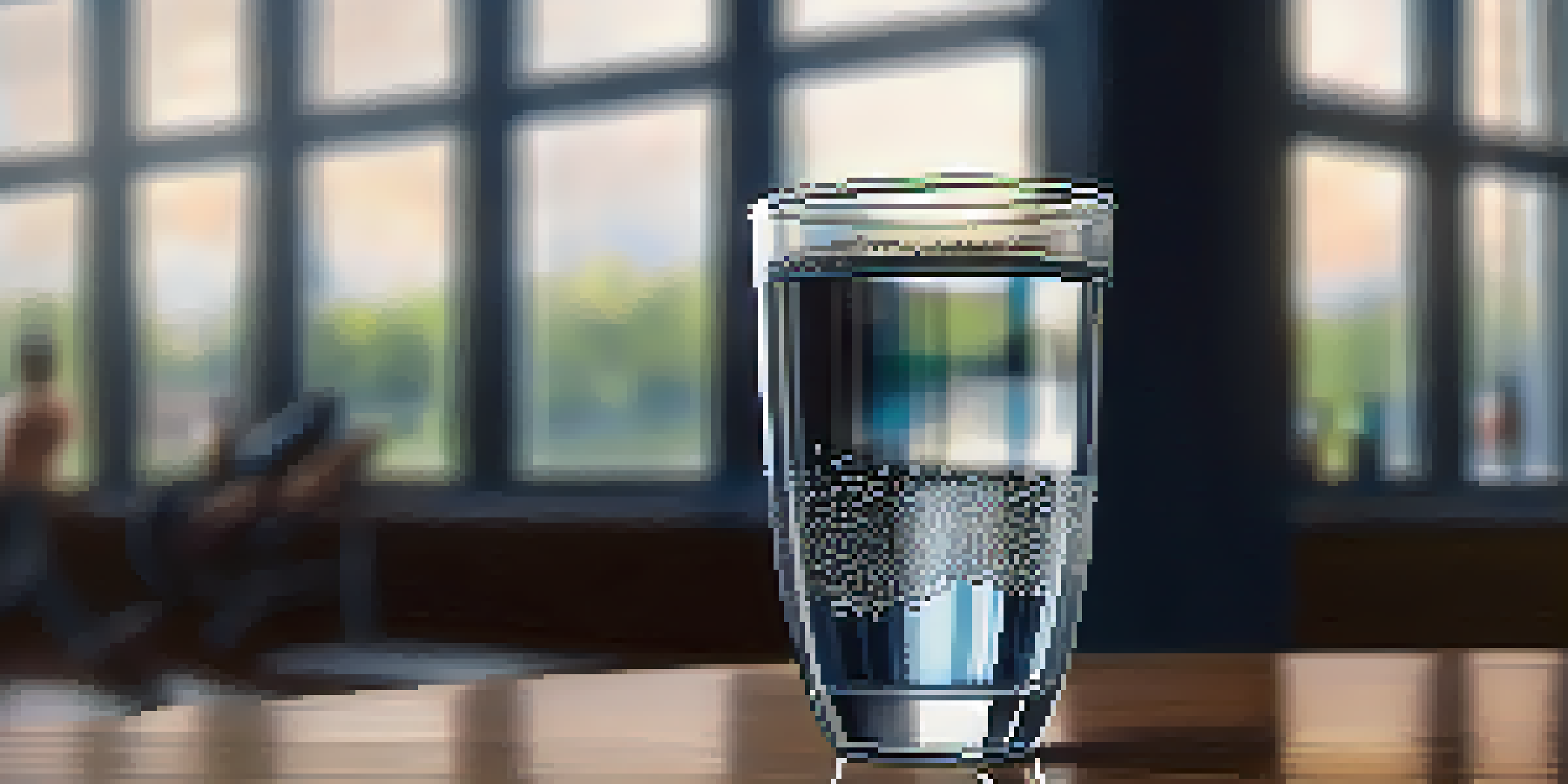 A glass of water on a wooden table with gym equipment in the blurred background, emphasizing hydration for bodybuilding.