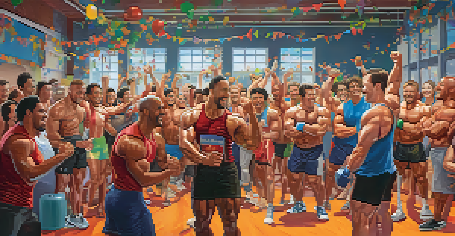 A group of bodybuilders celebrating a personal record achievement with smiles and high-fives in a vibrant gym.