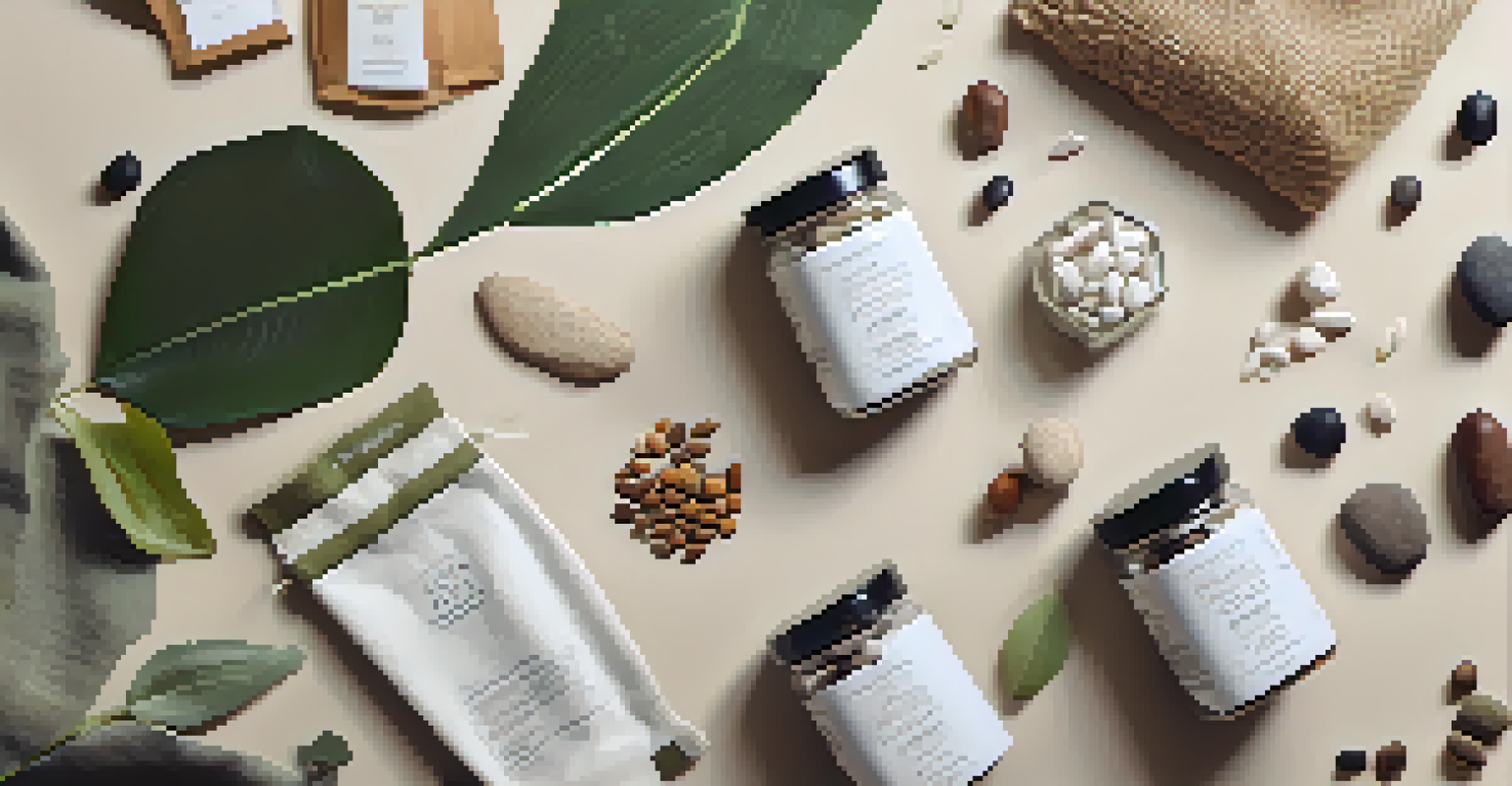 An artistic arrangement of eco-friendly supplement packaging with natural materials like leaves and stones on a light surface.