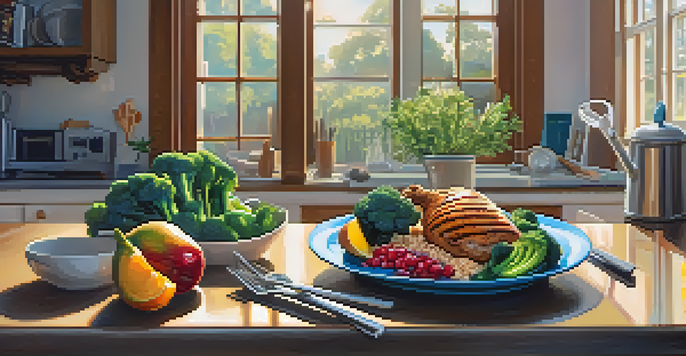 A fitness enthusiast preparing a healthy post-workout meal in a bright kitchen, showcasing grilled chicken, quinoa, and broccoli.