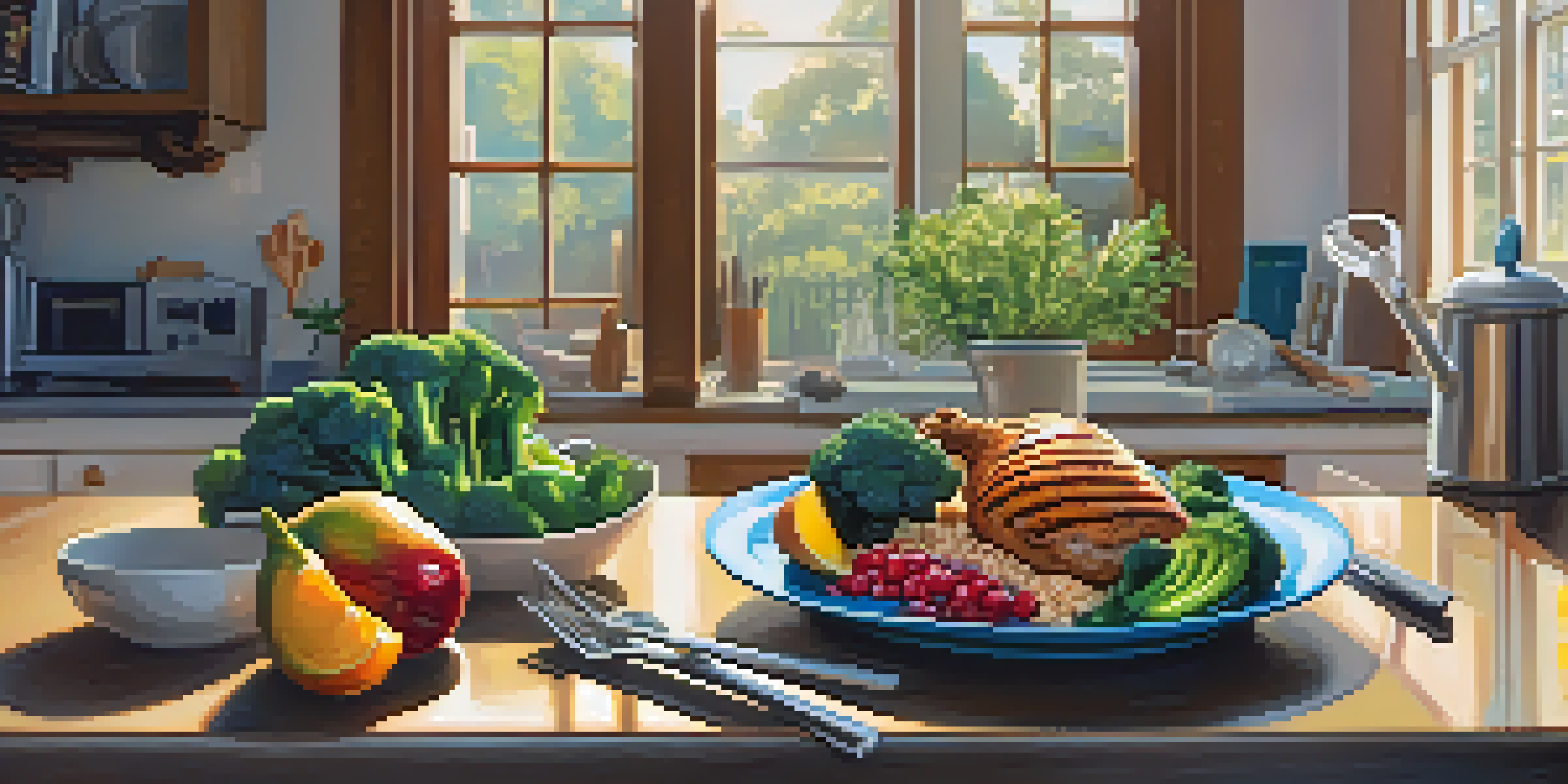 A fitness enthusiast preparing a healthy post-workout meal in a bright kitchen, showcasing grilled chicken, quinoa, and broccoli.