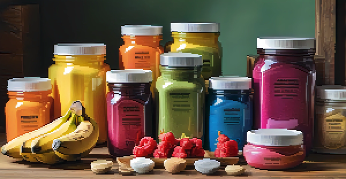 A colorful arrangement of pre-workout supplement jars and fresh fruits on a wooden table, illuminated by natural light.