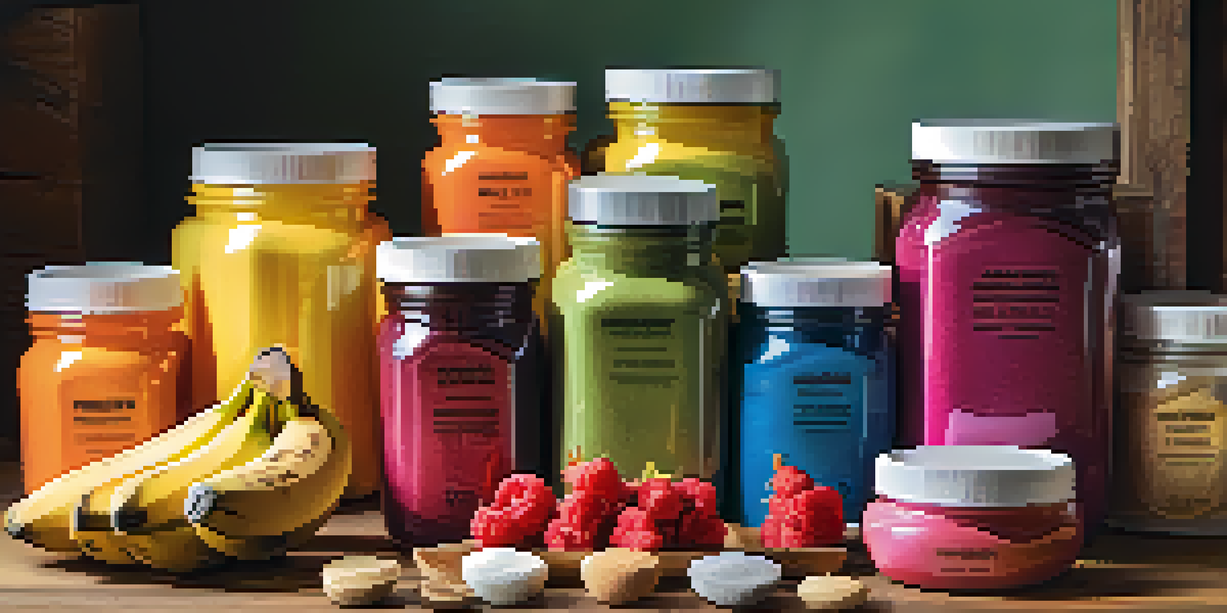 A colorful arrangement of pre-workout supplement jars and fresh fruits on a wooden table, illuminated by natural light.