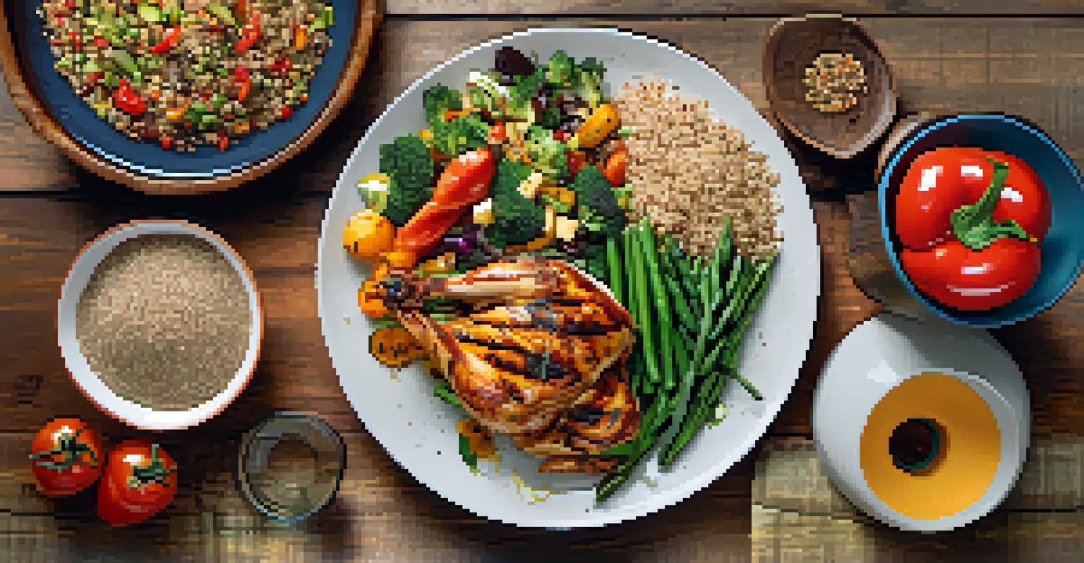 A plate of grilled chicken with colorful vegetables and quinoa, beautifully arranged on a wooden table.