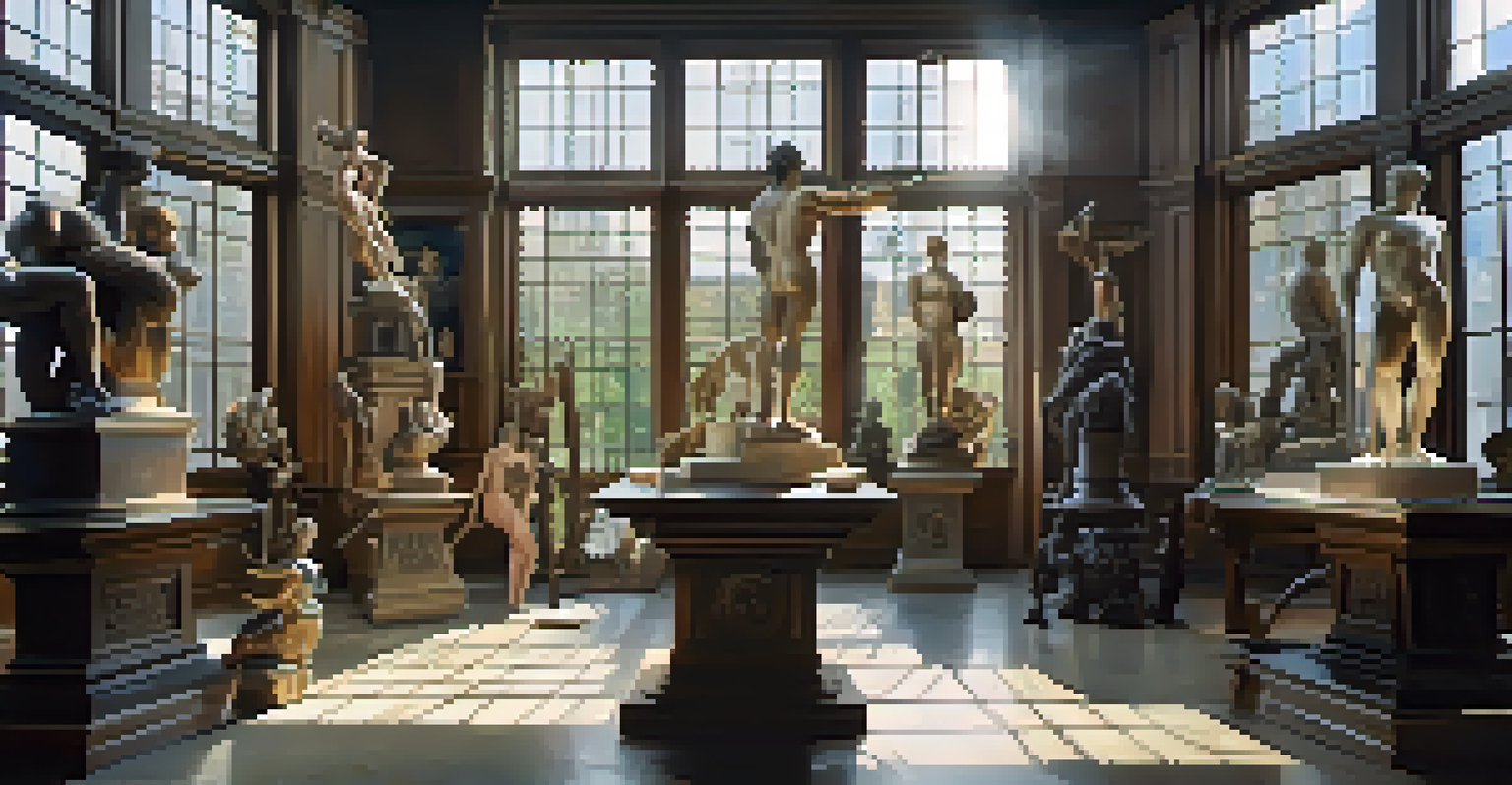 An art studio from the Renaissance era, featuring sculptures and paintings of muscular figures, illuminated by natural light.