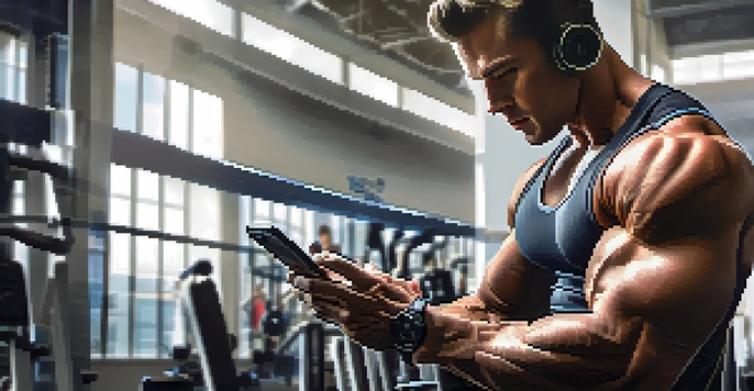 A bodybuilder using a smartphone in a modern gym, highlighting their muscles and focused expression.