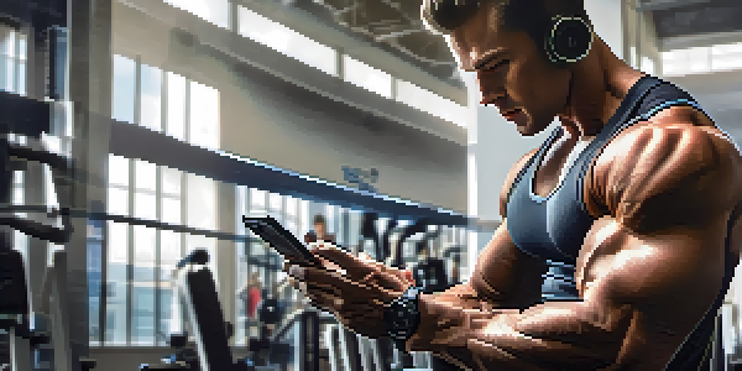 A bodybuilder using a smartphone in a modern gym, highlighting their muscles and focused expression.