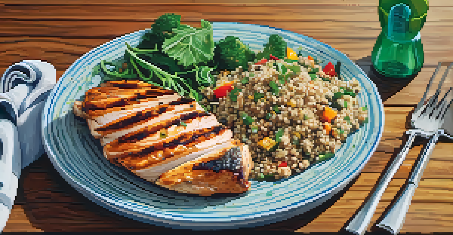 A close-up of a nutritious post-workout meal with grilled chicken and vegetables, highlighting the importance of hydration.