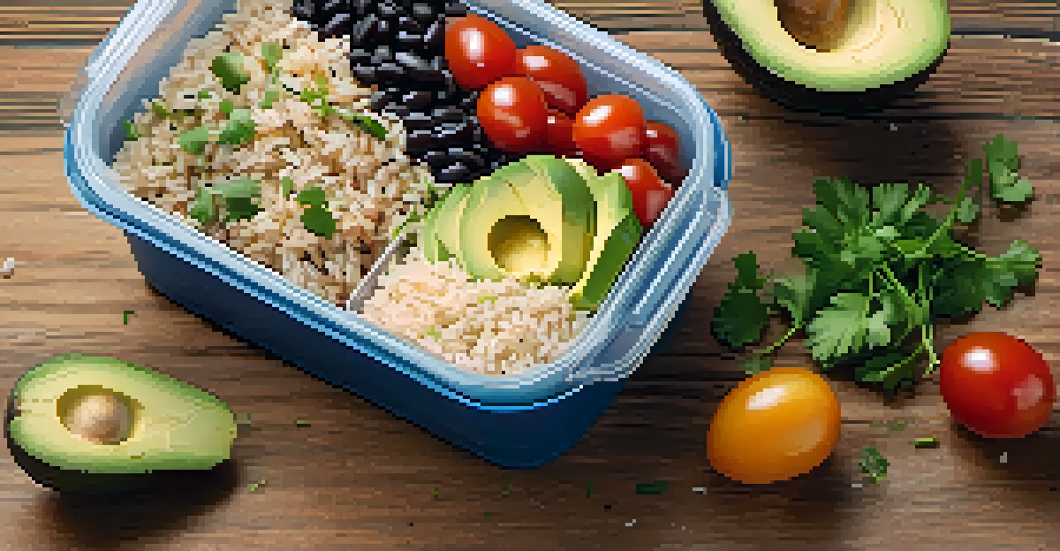 A close-up of a meal prep container filled with a colorful layered meal.