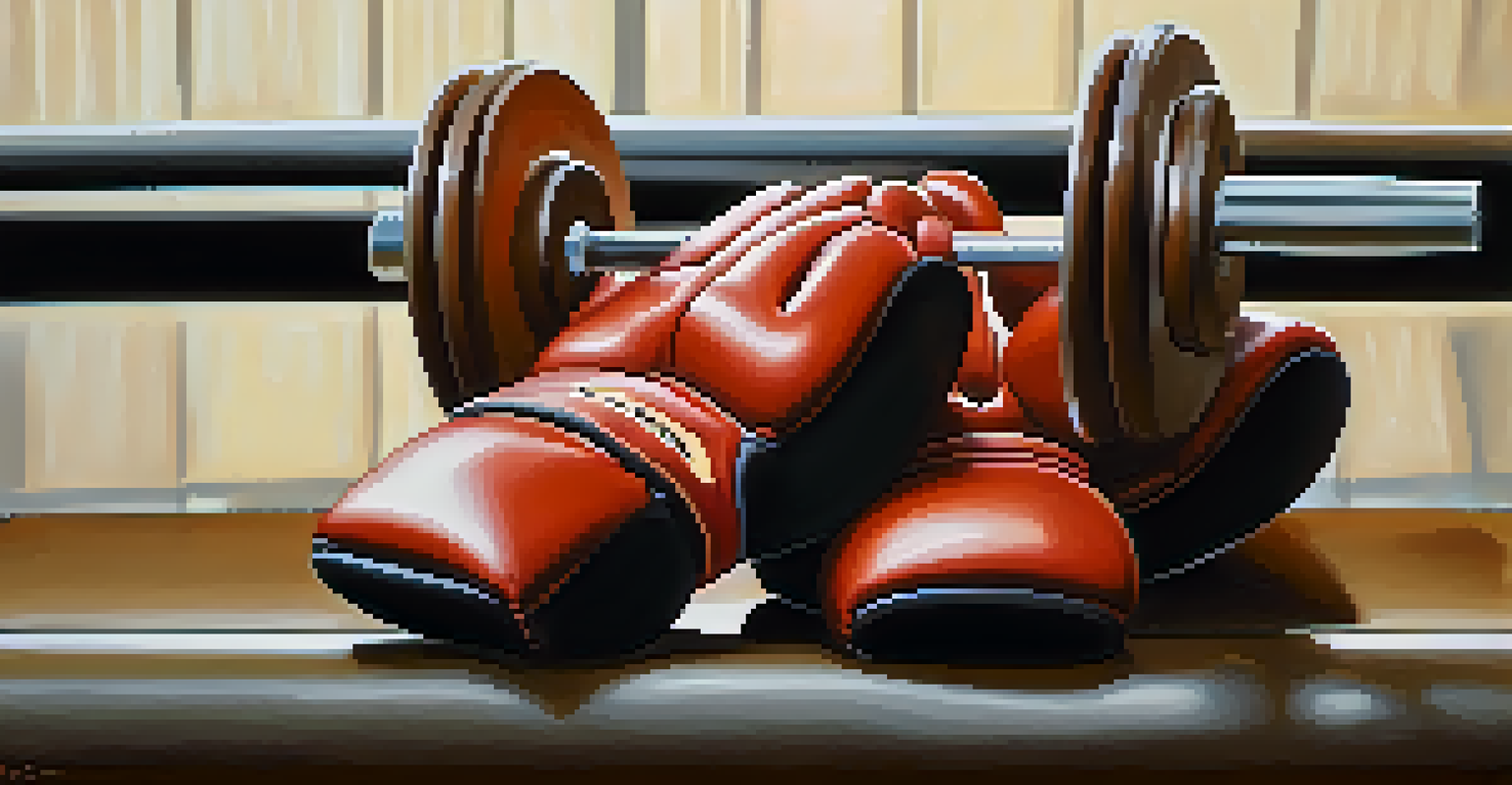 A close-up view of durable weightlifting gloves on a gym bench, with weights blurred in the background, showcasing their texture and padding.