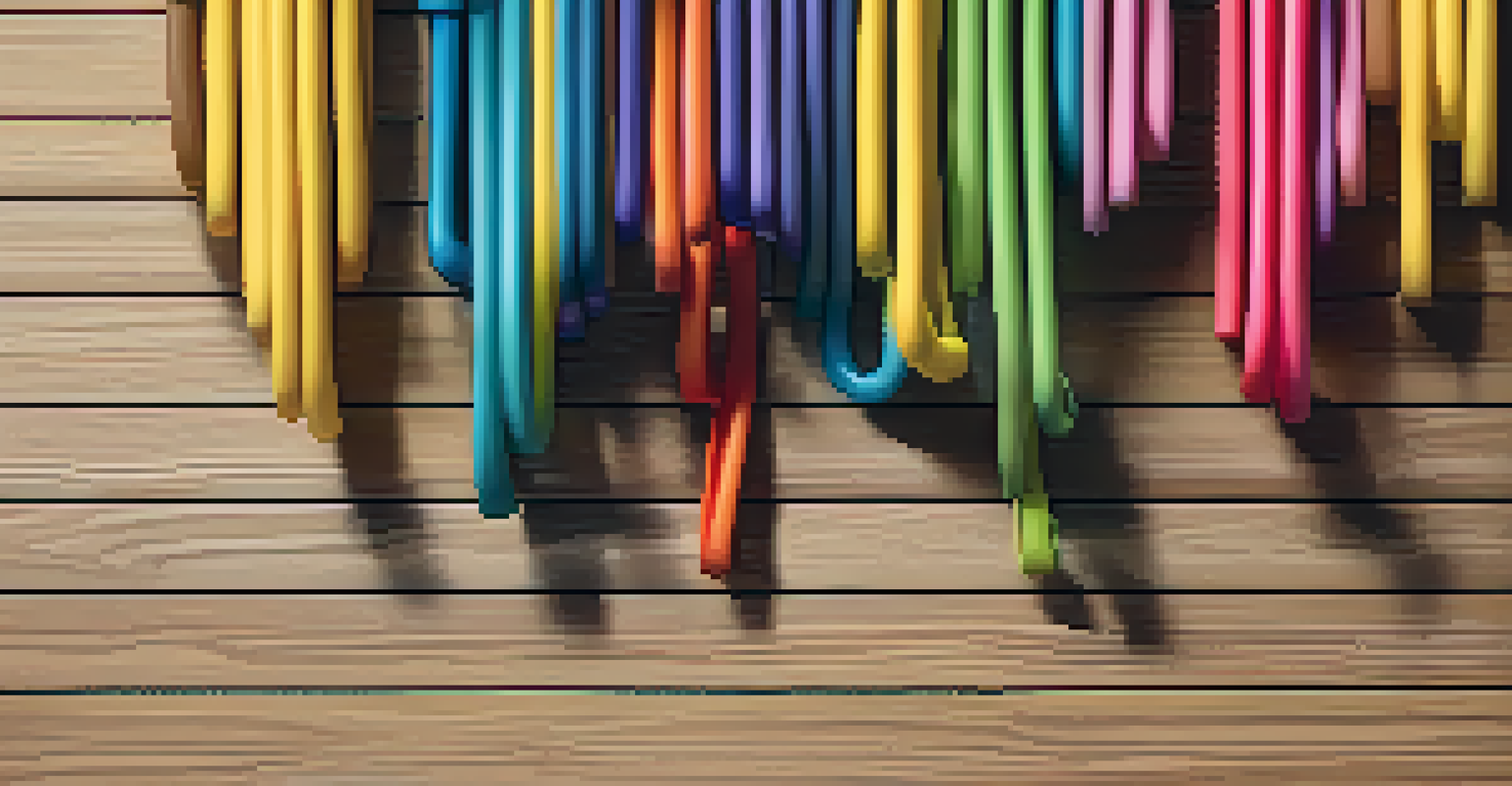 A collection of colorful resistance bands on a wooden gym floor, highlighting their textures.
