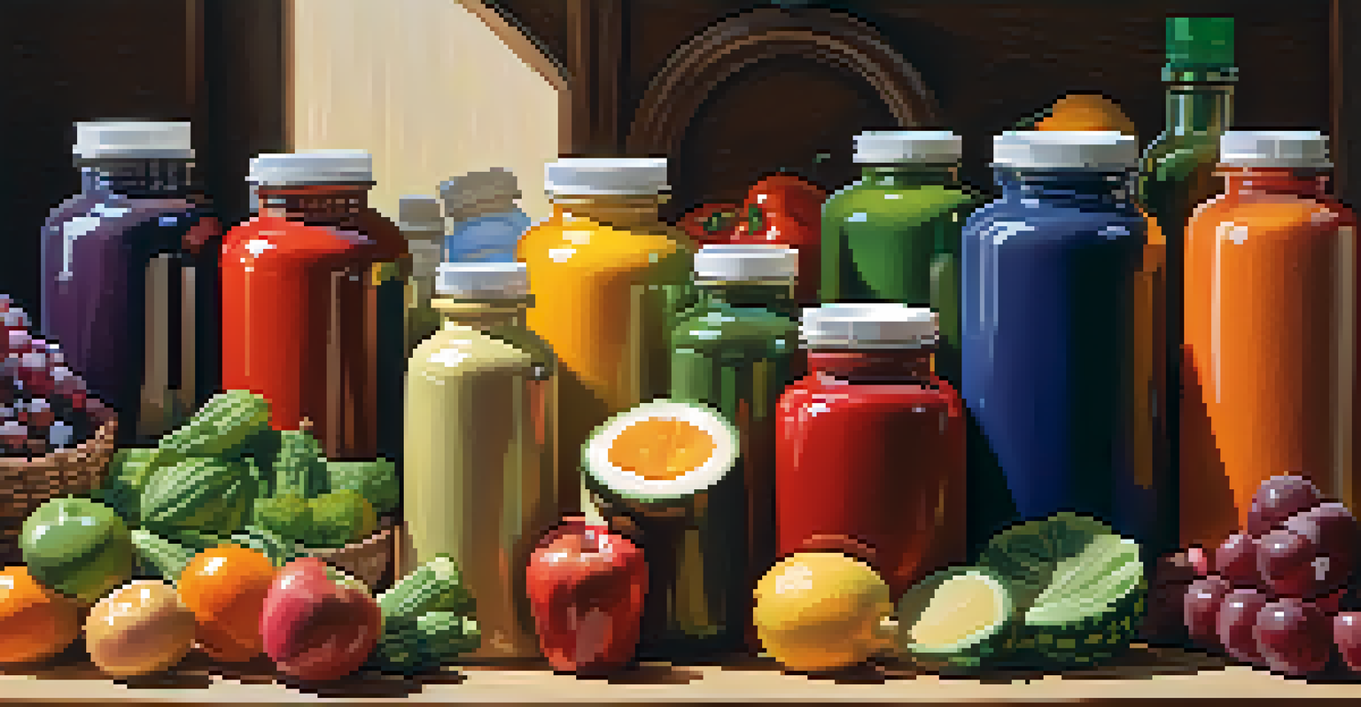 A variety of supplement bottles displayed on a wooden table with fresh fruits and vegetables around them.