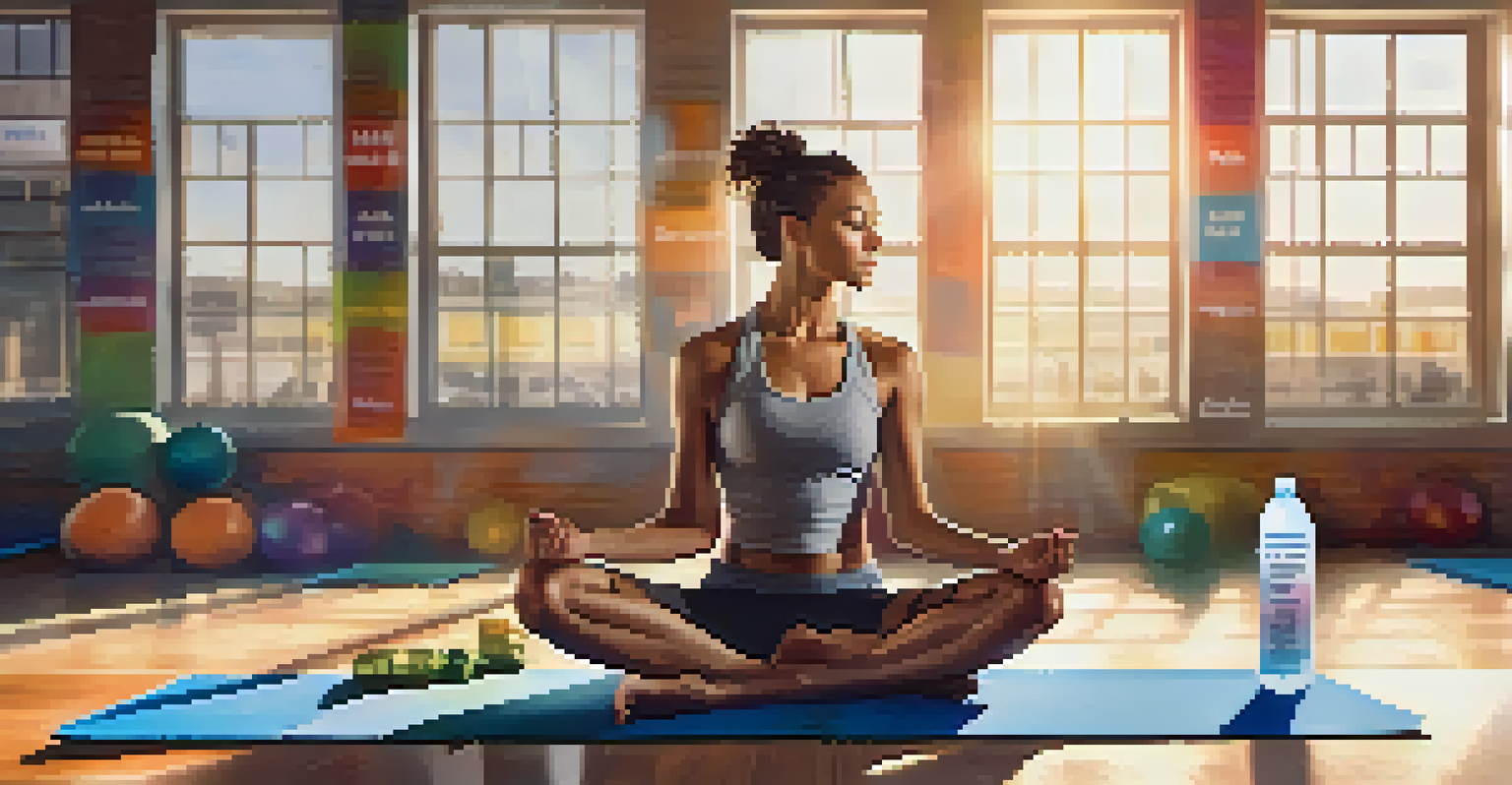 An athlete on a yoga mat after a workout, drinking from an electrolyte drink bottle in a bright gym with fitness equipment around.