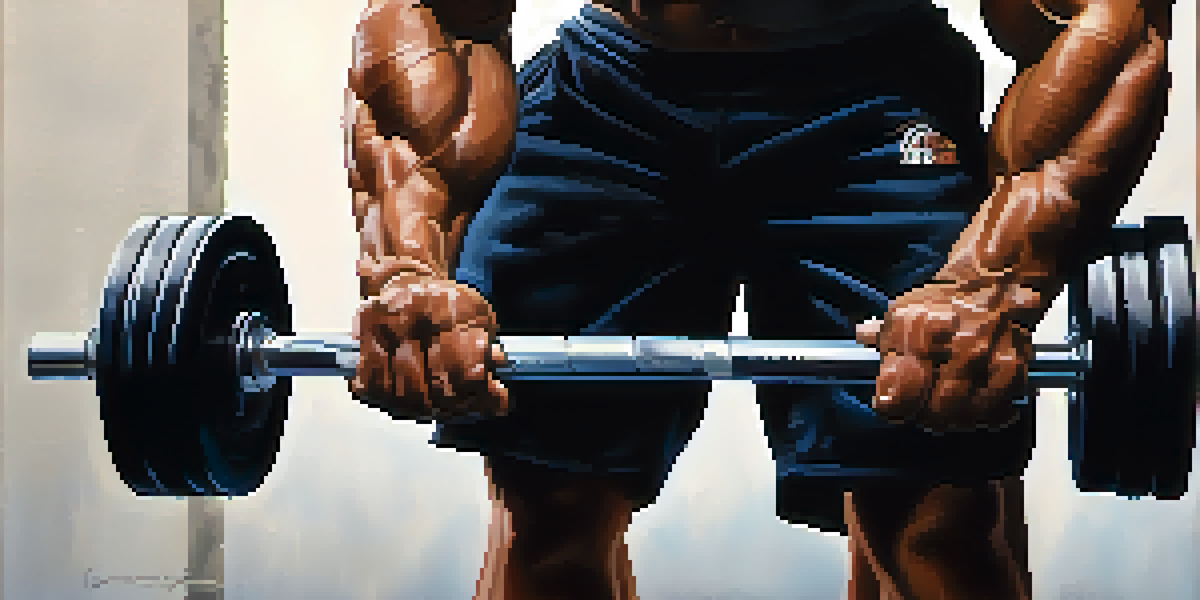 A bodybuilder's hands gripping a barbell, showcasing the effort and intensity of weightlifting with sweat on their forearms.