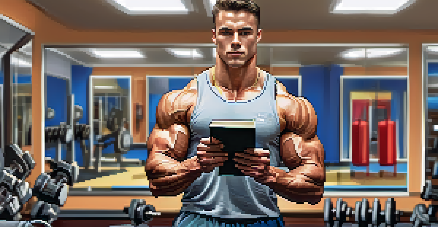 An athlete flexing in front of a mirror while holding a journal in a bright gym setting, showcasing determination in their bodybuilding journey.
