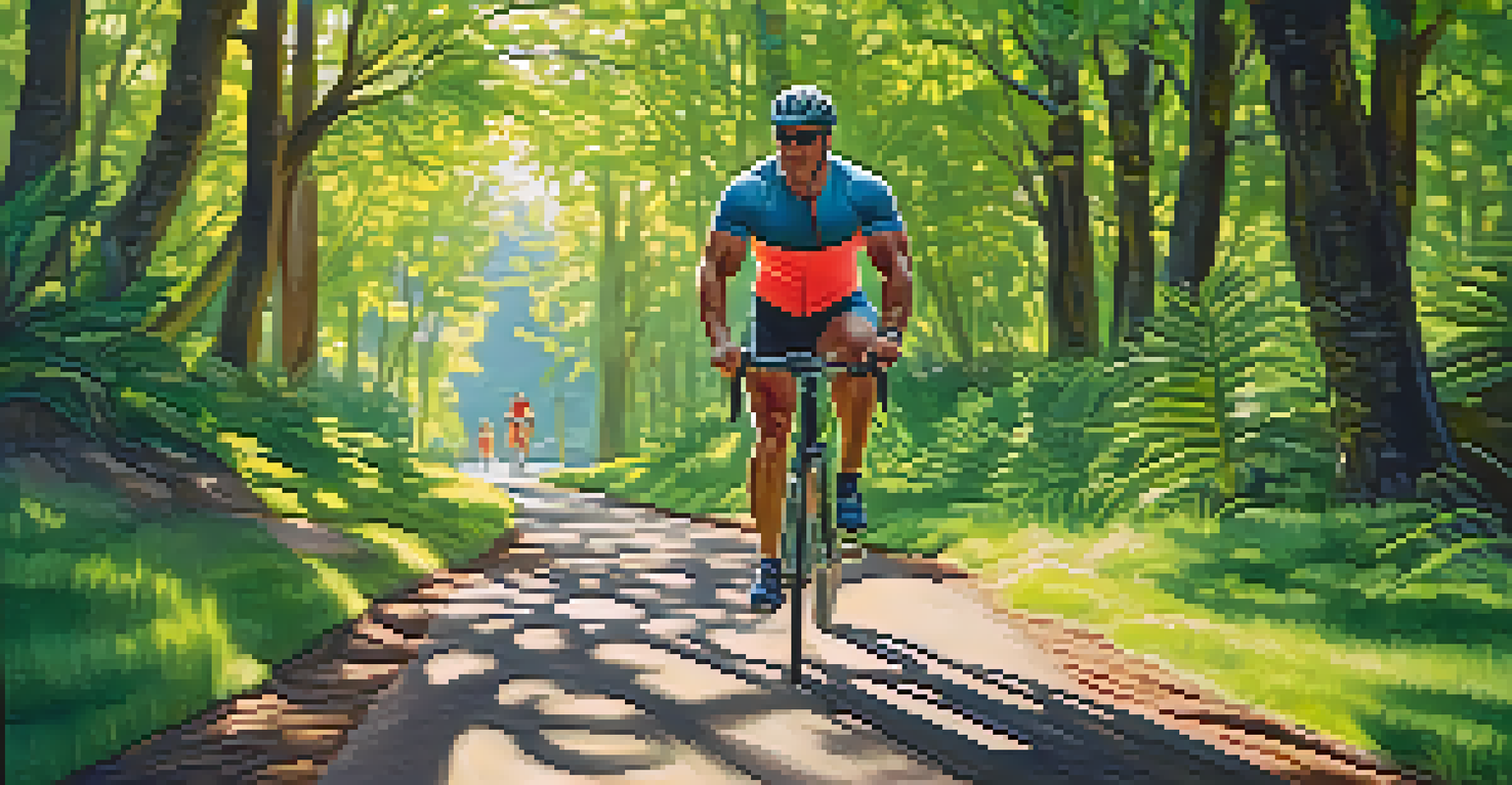 A bodybuilder cycling on a beautiful trail with trees and sunlight in the background.
