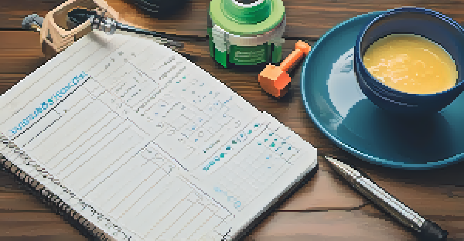 An open workout journal on a wooden table with notes and charts, surrounded by fitness tools and meal prep containers, illuminated by soft warm light.