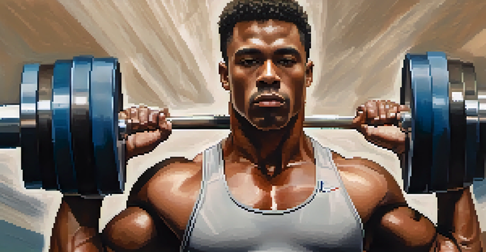 A weightlifter lifting weights, showing strong muscles and determination, with a blurred background and natural lighting.