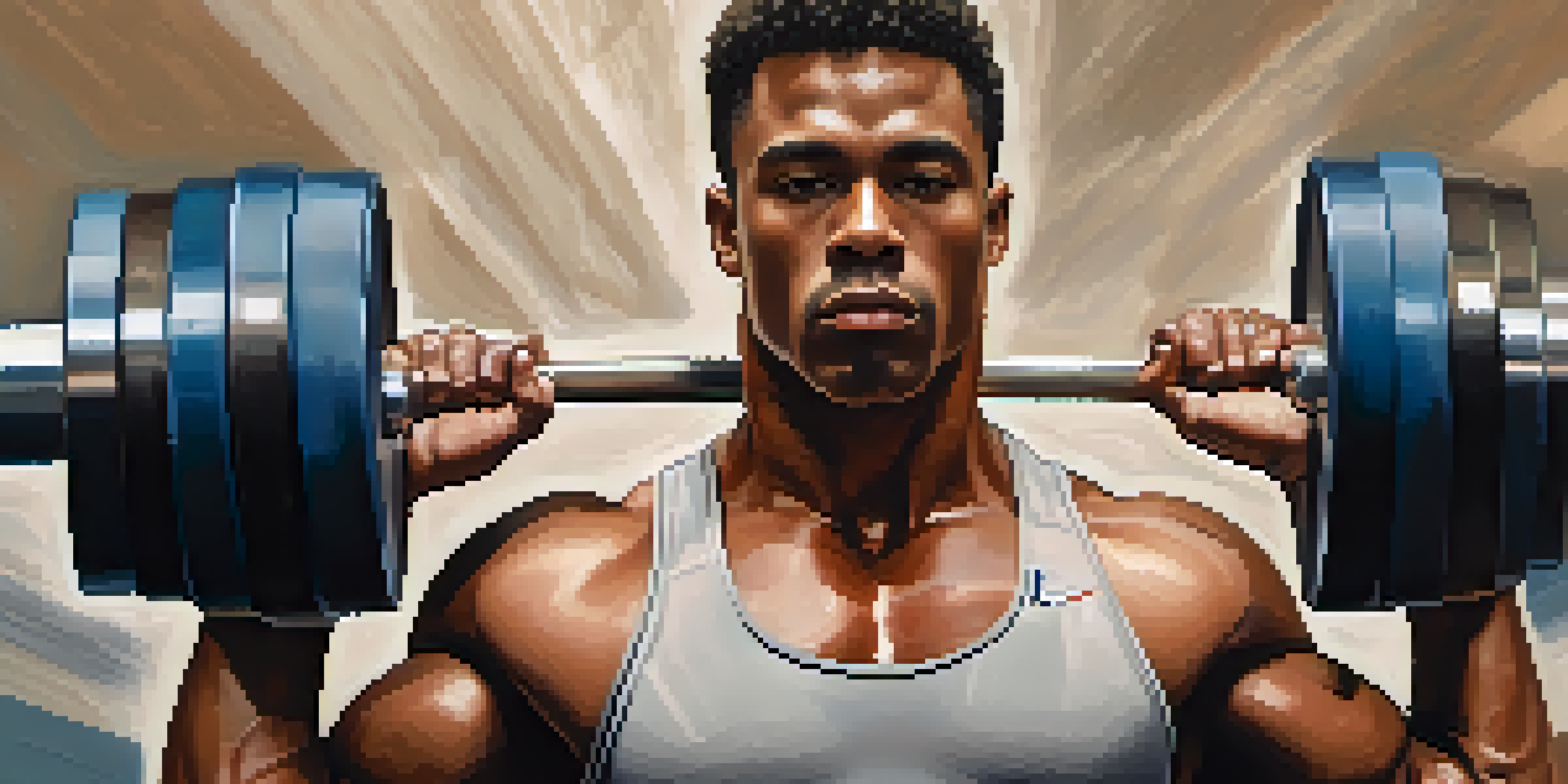 A weightlifter lifting weights, showing strong muscles and determination, with a blurred background and natural lighting.