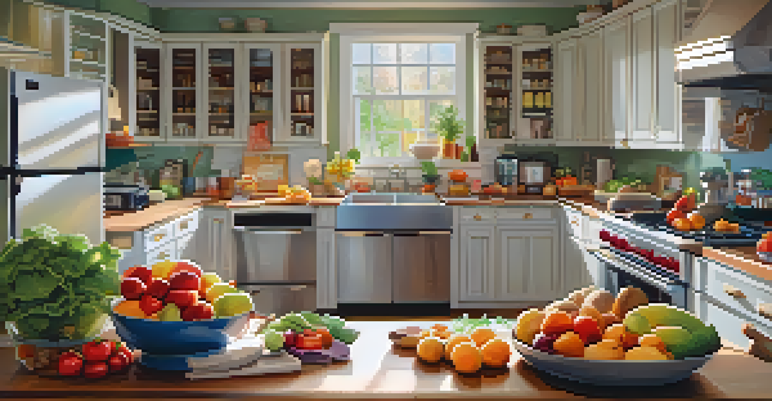 A family cooking together in a kitchen, chopping vegetables and preparing a healthy meal, with a colorful display of fresh produce and warm lighting.