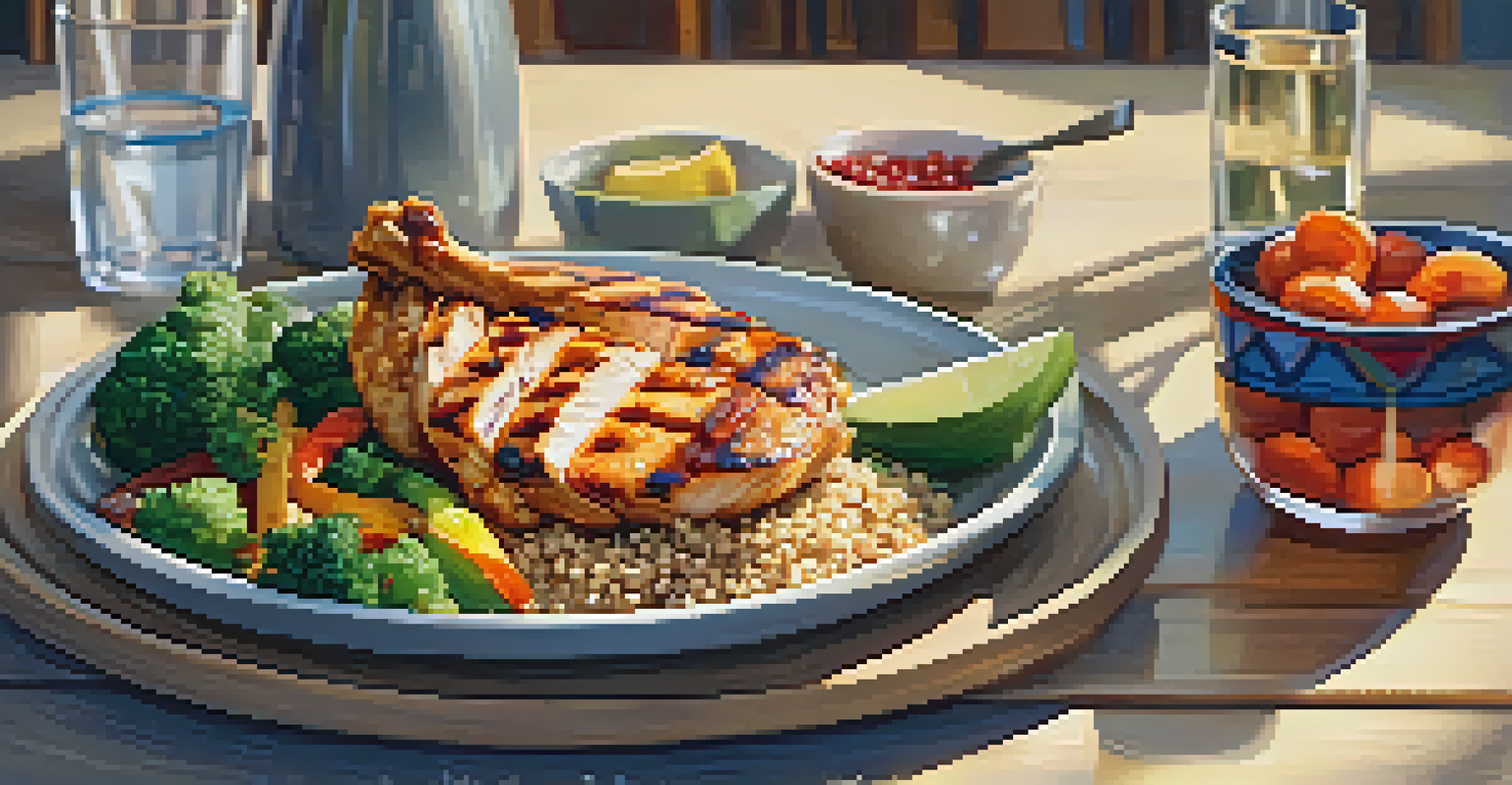 A nutritious meal with grilled chicken, quinoa, and vegetables on a wooden table, illuminated by natural sunlight.