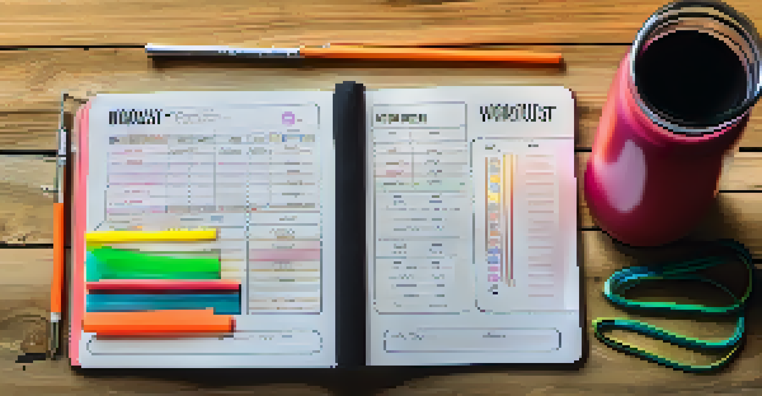 A fitness journal with workout notes, a water bottle, and resistance bands on a wooden table, illuminated by warm light.