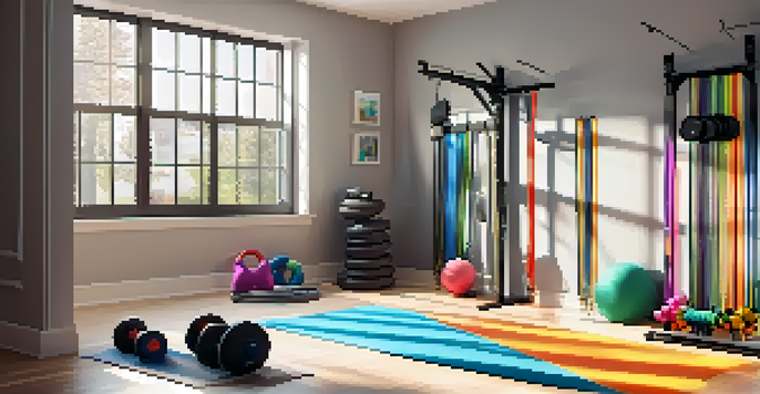 A home gym with colorful resistance bands on the wall, a yoga mat, and dumbbells in a sunlit room.